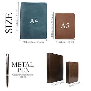 Puede incluir: Imagen de art&iacute;culos de papeler&iacute;a: un cuaderno de cuero A4 turquesa (25 cm x 32,5 cm), un cuaderno de cuero A5 marr&oacute;n (18 cm x 22,5 cm), un bol&iacute;grafo de metal y dos cajas de regalo de madera etiquetadas A4 y A5.