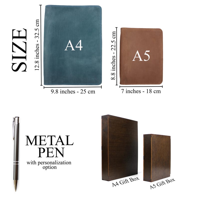 Puede incluir: Imagen de art&iacute;culos de papeler&iacute;a: un cuaderno de cuero A4 turquesa (25 cm x 32,5 cm), un cuaderno de cuero A5 marr&oacute;n (18 cm x 22,5 cm), un bol&iacute;grafo de metal y dos cajas de regalo de madera etiquetadas A4 y A5.