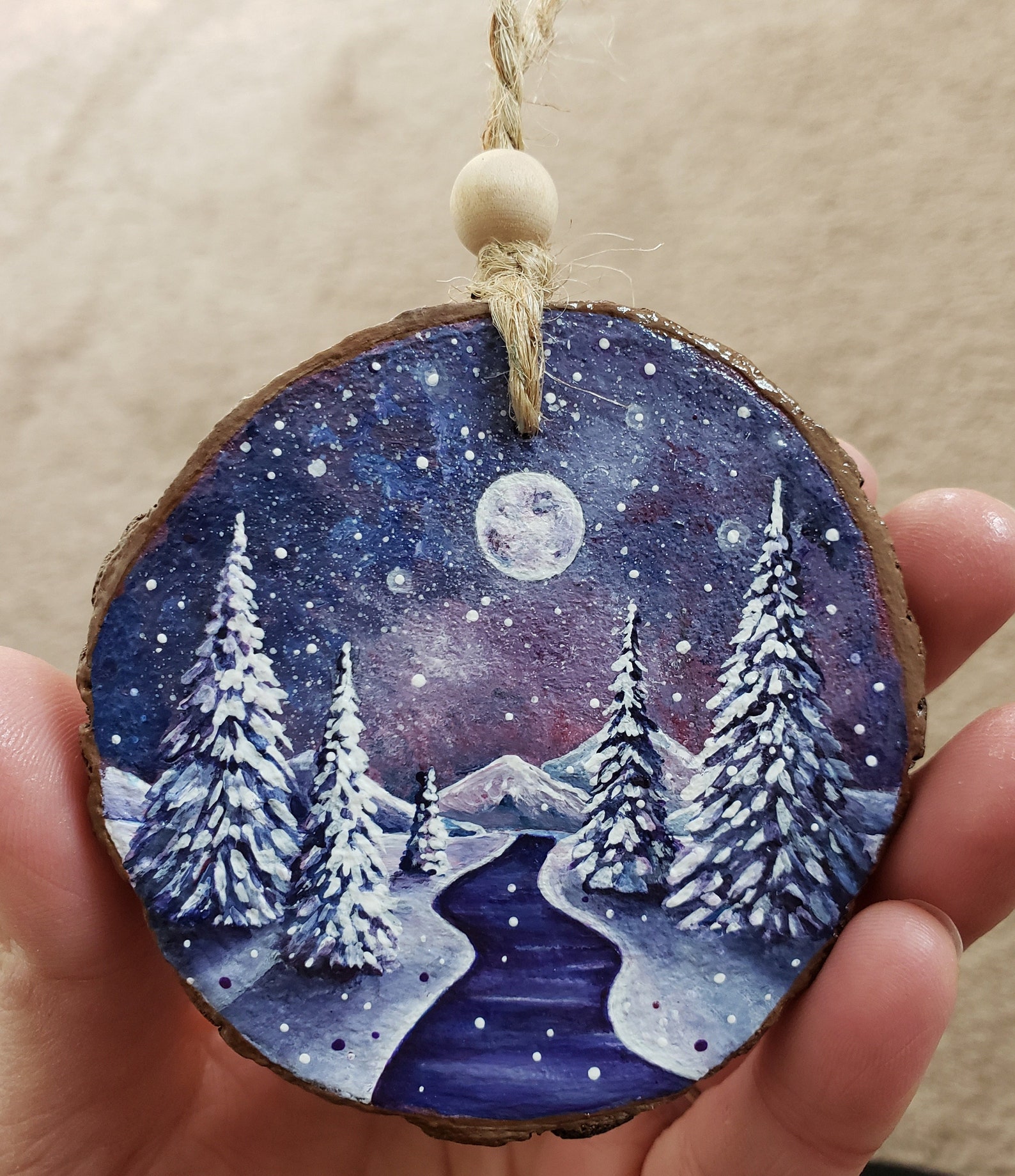 Image showcasing Hand Painted Christmas Ornament Forest Painting Woodslice Art Small Art ...