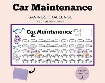 May include: A printable A6 cash envelope system for saving for car maintenance. The printable features a black and white design with a car icon and the text "Car Maintenance" and "Goal:".