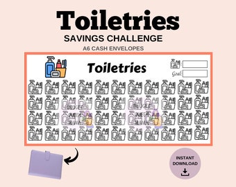 May include: A printable A6 cash envelope system for a toiletries savings challenge. The printable features a black and white illustration of a basket of toiletries. The printable has a space to write a savings goal.
