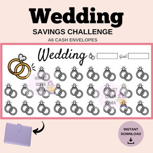 May include: A printable wedding savings challenge tracker with 30 rings to color in as you save for your wedding. The printable includes the text "Wedding Savings Challenge" and "A6 Cash Envelopes".