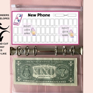 May include: A pink A6 binder with a clear pocket containing a one-dollar bill. The binder includes a budgeting insert labelled "New Phone" with phone illustrations and the text "Budget Queen Mama". Arrows indicate the insert fits A6 binders and can be printed.