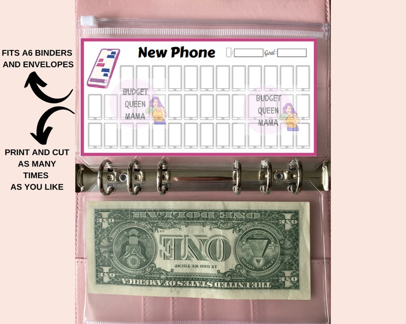 May include: A pink A6 binder with a clear pocket containing a one-dollar bill. The binder includes a budgeting insert labelled "New Phone" with phone illustrations and the text "Budget Queen Mama". Arrows indicate the insert fits A6 binders and can be printed.