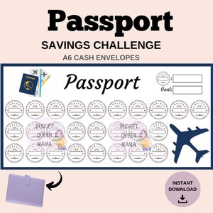 May include: A printable passport-themed savings challenge with 30 circles to track progress. The printable includes a passport icon, a plane icon, and the text "Passport Savings Challenge" and "A6 Cash Envelopes".