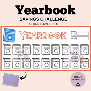 Könnte beinhalten: Ein digitaler Download mit dem Titel "Yearbook Savings Challenge" mit einem hellvioletten A6-Cash-Umschlag. Das Design zeigt ein Raster von "Yearbook"-Symbolen mit dem Text "Savings Challenge" und "A6 Cash Envelopes".