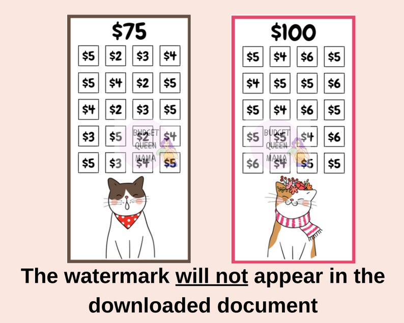 May include: Two printable bingo cards with a cat illustration. The cards have numbers from 2 to 6 and the total cost is &pound;75 or &pound;100.