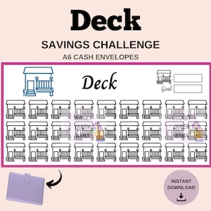 May include: A printable A6 cash envelope savings challenge tracker with a house icon. The tracker has 36 spaces for saving, a goal section, and the text "Deck".