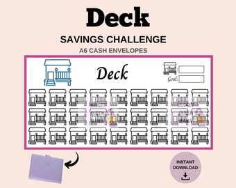 May include: A printable A6 cash envelope savings challenge tracker with a house icon. The tracker has 36 spaces for saving, a goal section, and the text "Deck".