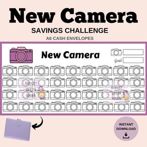 Op de afbeelding: Een printbare spaaruitdagingstracker met een camera-thema. De tracker heeft 49 camera-iconen, een doelsectie en de tekst "New Camera Savings Challenge A6 Cash Envelopes".