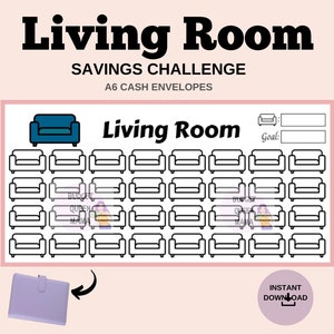 Puede incluir: Un rastreador de desafíos de ahorro imprimible con un tema de sala de estar. El rastreador presenta 49 iconos de sofá para colorear a medida que ahorras dinero para alcanzar tu objetivo. El texto "Living Room Savings Challenge" y "A6 Cash Envelopes" está en la parte superior de la página.