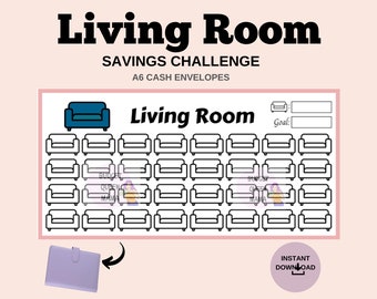 May include: A printable savings challenge tracker with a living room theme. The tracker features 49 couch icons to color in as you save money towards your goal. The text "Living Room Savings Challenge" and "A6 Cash Envelopes" is at the top of the page.