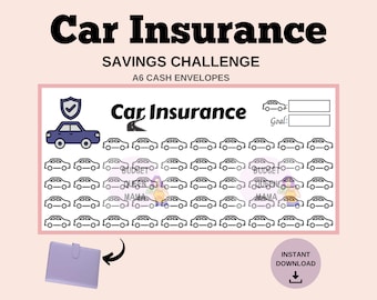 May include: A printable car insurance savings challenge tracker with a blue car icon and the text "Car Insurance Savings Challenge" and "A6 Cash Envelopes". The tracker has 48 car icons to colour in as you save towards your goal.