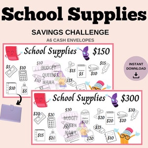 Puede incluir: Un gráfico de descarga digital con el texto "School Supplies" y "Savings Challenge". El diseño presenta dos plantillas de sobres de efectivo, una para 150 € y otra para 300 €, con ilustraciones temáticas escolares y las palabras "Descarga instantánea".