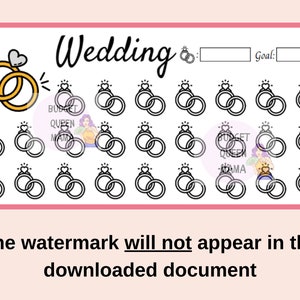 May include: A printable wedding planning checklist with a ring icon and the text "Wedding" at the top. The checklist has 30 ring icons to mark off tasks as they are completed. The text "Goal:" is at the top right of the checklist.