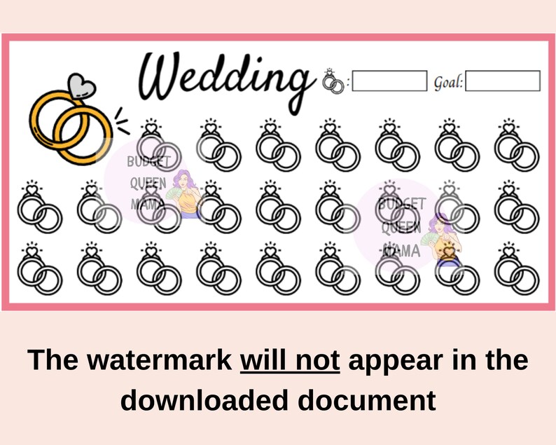 May include: A printable wedding planning checklist with a ring icon and the text "Wedding" at the top. The checklist has 30 ring icons to mark off tasks as they are completed. The text "Goal:" is at the top right of the checklist.