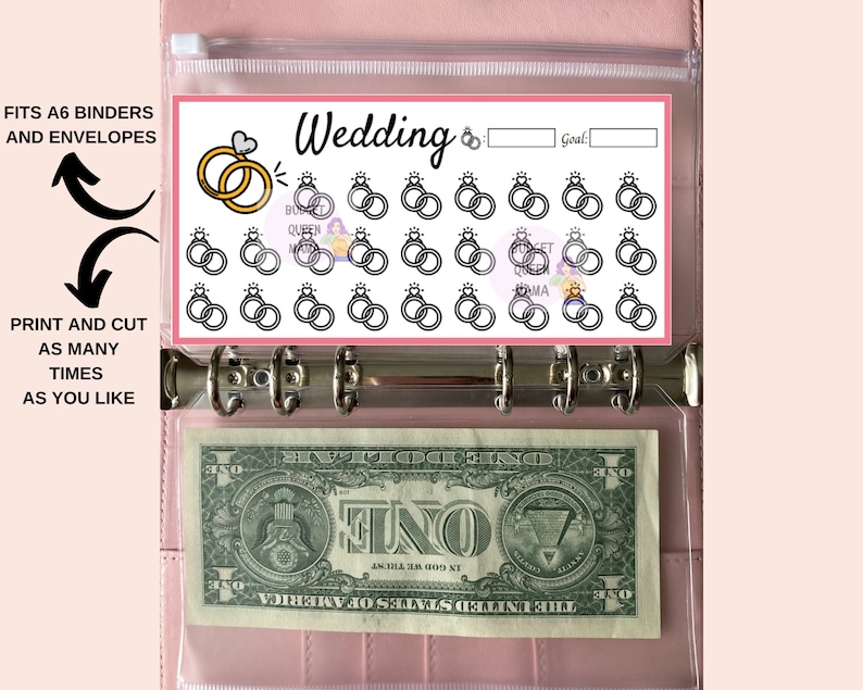 May include: Printable wedding planner tracker with 25 rings to color in as you save for your wedding. The tracker is designed to fit A6 binders and envelopes. The text "Wedding" and "Goal" are printed on the tracker.