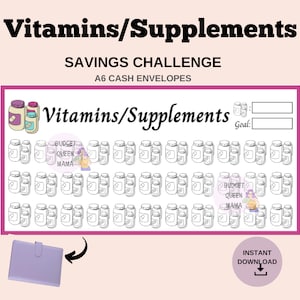 Vitamins Tracker - Vitamins Savings Challenge A6 - Supplements Savings - A6 Cash Envelopes - Prescriptions Savings Challenge