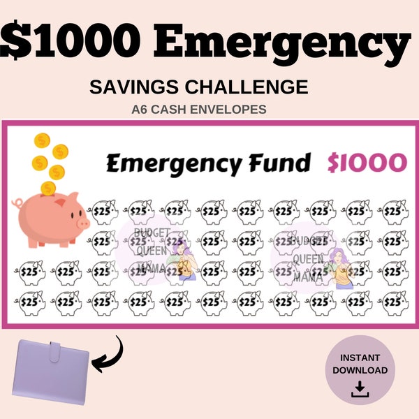 Emergency Savings Challenge - Emergency Fund Tracker - 1K Emergency Savings - A6 Cash Envelopes - Money Challenge - Budget Binder A6