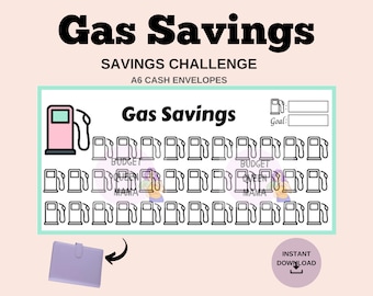 May include: A printable gas savings challenge tracker with a pink petrol pump icon. The tracker has 30 petrol pump icons to colour in as you save money. The text "Gas Savings" is at the top of the tracker. The text "Goal:" is at the top right of the tracker. The text "BUDGET MAMA" is at the bottom of the tracker.