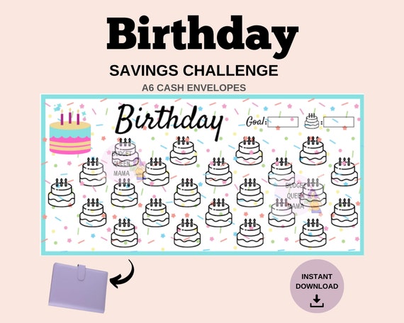 Birthday Savings Challenge - Birthday Tracker A6 - Birthday Savings A6 - Fits A6 Cash Envelopes - Mini Savings a6 - Budget Binder Insert