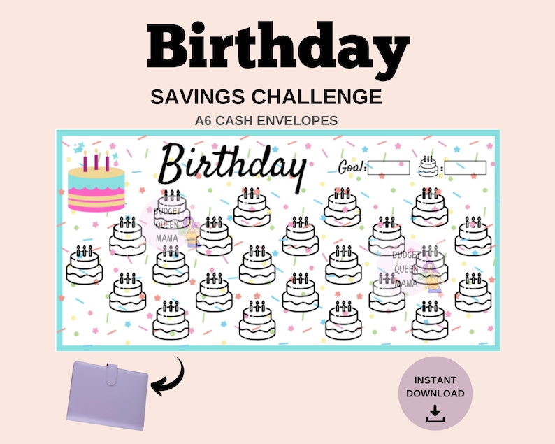 May include: A printable birthday savings challenge with a colorful birthday cake design. The printable includes 30 cake icons to track savings goals. The printable is designed for A6 cash envelopes.
