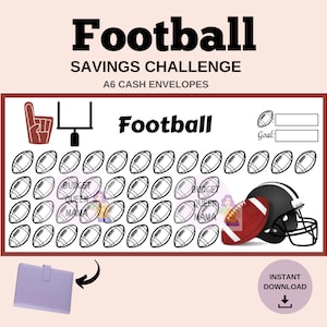 May include: Printable football savings challenge with 50 footballs to color in. The printable includes a goal section and the text "Football Savings Challenge" and "A6 Cash Envelopes".