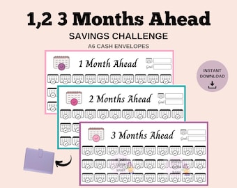 May include: Three printable A6 cash envelopes with a savings challenge theme. Each envelope has a calendar with checkboxes for each day of the month. The envelopes are labeled "1 Month Ahead", "2 Months Ahead", and "3 Months Ahead".