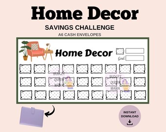 May include: A printable A6 cash envelope savings challenge tracker with a home decor theme. The tracker features a grid of 30 pillows with polka dots, a cartoon illustration of a woman, and the text "Budget Queen Mama".
