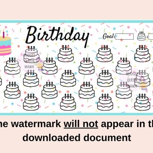 May include: A printable birthday activity sheet with a colorful birthday cake and the word "Birthday" in a whimsical font. The sheet features a grid of 25 small birthday cakes with candles, and the text "Goal:" with two blank boxes.