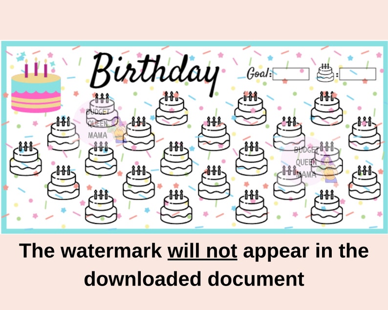 May include: A printable birthday activity sheet with a colorful birthday cake and the word "Birthday" in a whimsical font. The sheet features a grid of 25 small birthday cakes with candles, and the text "Goal:" with two blank boxes.