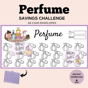 May include: A printable A6 cash envelope savings challenge tracker with a pink background and a black and white illustration of perfume bottles. The text "Perfume Savings Challenge" is at the top of the page. The text "Goal:" is at the top right of the page. There are 16 perfume bottle illustrations on the page.