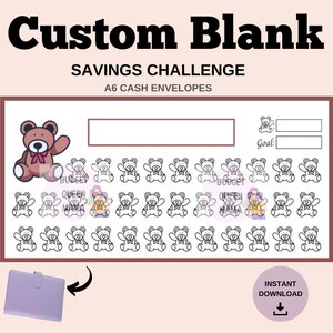 May include: A printable A6 cash envelope savings challenge tracker with a cute teddy bear theme. The tracker has 50 spaces to track savings progress. The tracker is designed for use with cash envelopes.