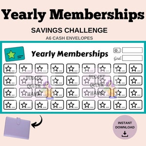 Può includere: Un tracker di buste di contanti A6 stampabile per le iscrizioni annuali. Il tracker ha una stella verde e il testo "Yearly Memberships" in alto. Ci sono 48 stelle in una griglia con linee per scrivere l'importo. Il testo "Budget Queen" e "Mantra" è visibile nella griglia. Il testo "Download immediato" è in fondo alla pagina.