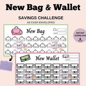 Op de afbeelding: Een printbare A6-spaaruitdagingstracker voor contant geld met een roze handtas en een groene portemonnee. De tracker heeft 30 vakjes om besparingen voor een nieuwe tas bij te houden en 30 vakjes om besparingen voor een nieuwe portemonnee bij te houden. De tekst "BUDGET QUEEN MAMA" staat op de tracker gedrukt.