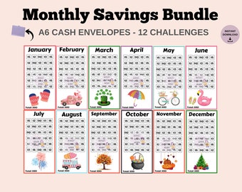 Monthly Savings Challenge Trackers - A6 Mini Savings Challenge Bundle - Low Income Savings Bundle - A6 Cash Envelopes - Budget Binder Insert