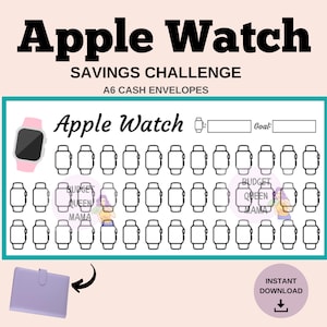 May include: A printable Apple Watch savings challenge tracker with 30 spaces to track progress towards a goal. The tracker features a pink Apple Watch with a black face. The text "Apple Watch" and "Goal:" are at the top of the tracker. The text "BUDGET QUEEN MAMA" is in the center of the tracker. The text "INSTANT DOWNLOAD" is at the bottom of the tracker.