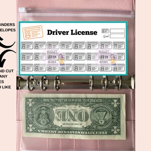 May include: A printable driver's licence tracker sheet for an A6 binder. The sheet has 16 driver's licence-shaped boxes with space to write in a goal, budget, and mama. The sheet is printed on white paper and is in a clear plastic pocket.