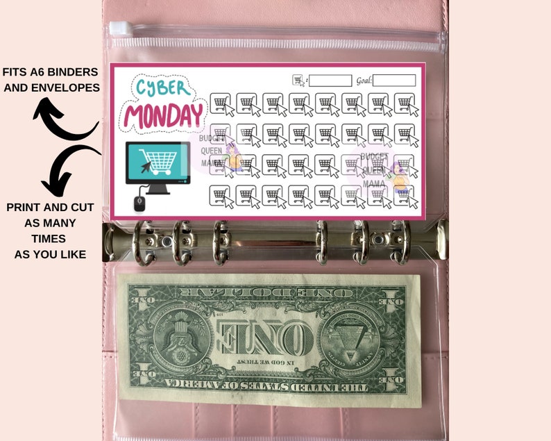 May include: A printable sheet with a pink border and the text "Cyber Monday" in a colourful font. The sheet features a grid of 36 shopping cart icons with a cursor pointing to each one. The sheet is designed to be printed and cut out for use in a planner or journal.