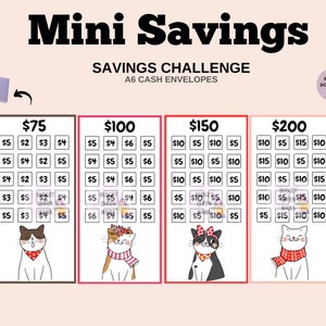 May include: A printable savings challenge with four different cash envelope templates. Each template features a different amount: &pound;75, &pound;100, &pound;150, and &pound;200. Each template has a grid of 5x4 squares with pound sterling amounts written in each square. Each template also features a cute cartoon cat illustration.