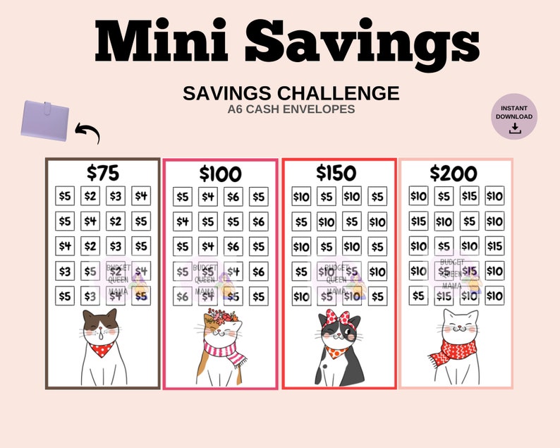 May include: A printable savings challenge with four different cash envelope templates. Each template features a different amount: &pound;75, &pound;100, &pound;150, and &pound;200. Each template has a grid of 5x4 squares with pound sterling amounts written in each square. Each template also features a cute cartoon cat illustration.