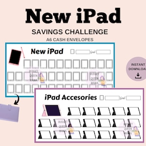 May include: A printable savings challenge tracker for a new iPad and iPad accessories. The tracker has a grid of squares with a goal section at the top. The image includes the text "New iPad" and "iPad Accessories".