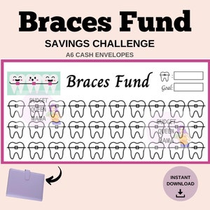 Puede incluir: Un desafío de ahorro imprimible en rosa y blanco para frenos. El diseño incluye el texto "Braces Fund" y "Savings Challenge". Presenta una cuadrícula de dientes con frenos, un gráfico de dibujos animados de dientes y un sobre A6 morado.