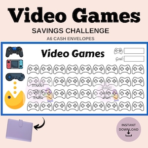Puede incluir: Un sistema de sobres de efectivo A6 imprimible para ahorrar dinero. El diseño presenta un tema de videojuegos con un personaje de Pac-Man y varios mandos de juego. El texto "Video Games Savings Challenge" está en la parte superior de la página.