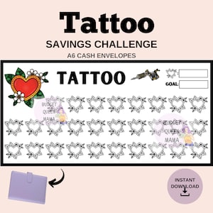 Op de afbeelding: Een printbare A6-spaaruitdagingstracker met een tattoo-thema. De tracker heeft een hart met een tatoeagenaal en een raster van 36 harten om in te kleuren terwijl je spaart voor je doel.