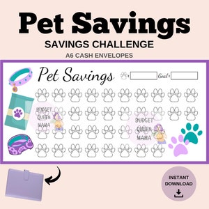 Może przedstawiać: Cyfrowe pobranie zatytułowane "Pet Savings" z wykresem wyzwania oszczędnościowego. Wykres zawiera odciski łap, obrożę dla zwierząt, torbę na karmę i miskę dla zwierząt. Tekst zawiera "Savings Challenge" i "A6 Cash Envelopes".