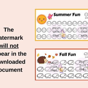 May include: Two printable charts for tracking goals. The top chart is yellow with a sun and the text "Summer Fun". The bottom chart is orange with a hedgehog and the text "Fall Fun". Both charts have a space for a goal and a grid of 24 circles.