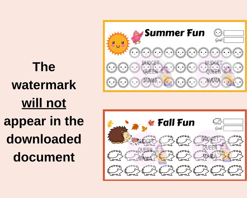 May include: Two printable charts for tracking goals. The top chart is yellow with a sun and the text "Summer Fun". The bottom chart is orange with a hedgehog and the text "Fall Fun". Both charts have a space for a goal and a grid of 24 circles.