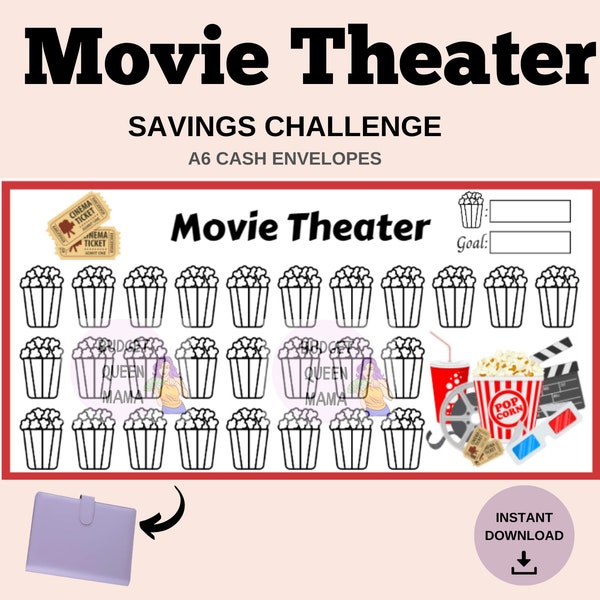 Movie Theater Savings Tracker - Movie Theater Savings Challenge - Movie Night - A6 Cash Envelopes - Mini Tracker A6 - Budget Binder Insert