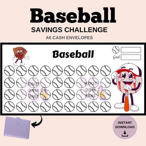 Puede incluir: Un rastreador de desafíos de ahorro imprimible con temática de béisbol con un personaje de béisbol de dibujos animados. El rastreador tiene 49 pelotas de béisbol para colorear a medida que ahorras dinero. El texto en el rastreador dice "Baseball Savings Challenge A6 Cash Envelopes".